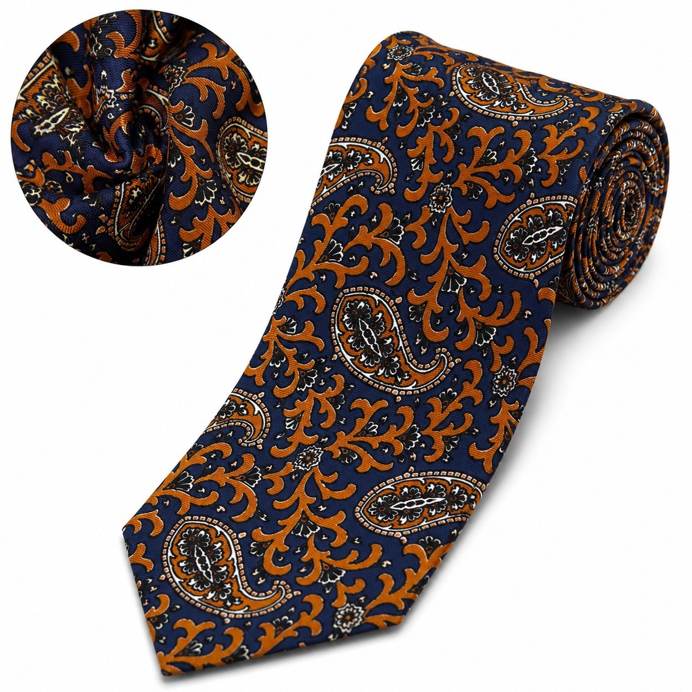 John Comfort for Berman-Bach Men's Necktie Navy Blue/Orange Paisley 100% Silk W4